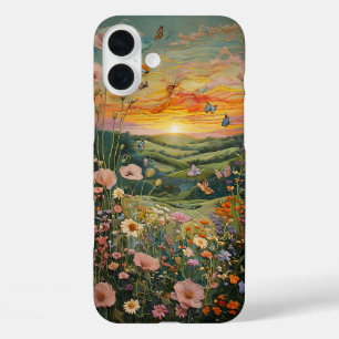 Coques iPhone 16 Plus Coucher de soleil sur une prairie fleurie aux papi