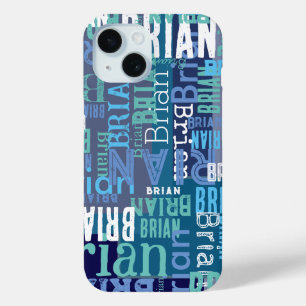 Coque Pour iPhone 15 Couleurs bleues de Brian (nom personnalisé) répété