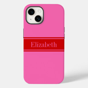 Coque Pour iPhone 14 Couleurs DIY Rose Chaud, Monogramme de Nom Ruban R