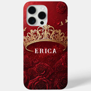 Coque iPhone 15 Pro Max Couronne d'or sur Arrière - plan rouge Entourée de