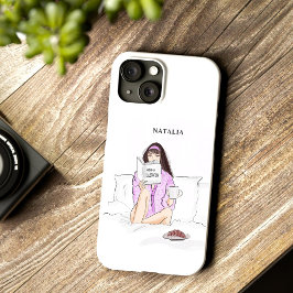 Coque Pour iPhone 14 coutume, fille boire du café, croquis,
