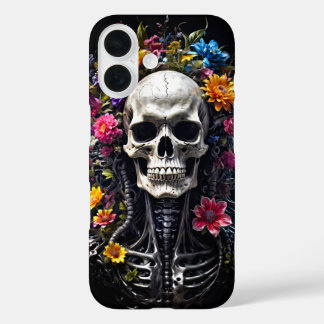 Coques iPhone 16 Crâne à fleurs sur couverture noire