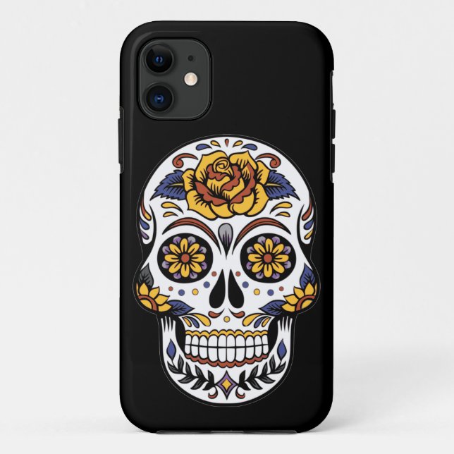 Coques Case-Mate iPhone Crâne à sucre rose jaune sur noir (Dos)