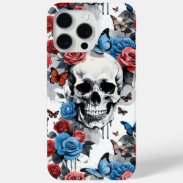Coque iPhone 15 Pro Max Crâne avec Roses et papillons Peinture séchée