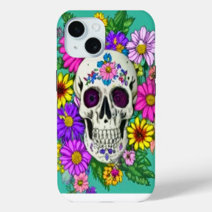 Coque Pour iPhone 15 crâne coloré avec des fleurs