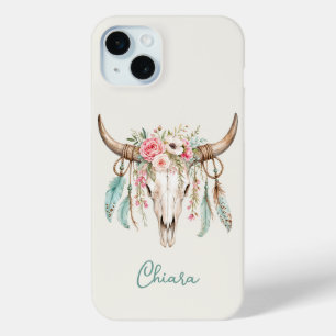 Coque iPhone 15 Mini Crâne de vache floral aquarelle Boho
