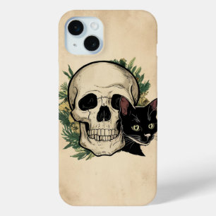 Coque iPhone 15 Mini Crâne et chat noir