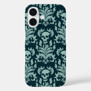 Coques iPhone 16 Crâne flamme Damas en vert menthe sur bleu profond