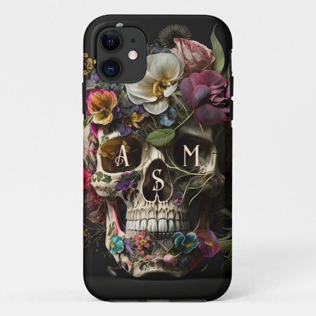 Coques Case-Mate iPhone Crâne floral Goth Pagan Monogramme Initiales (Dos)