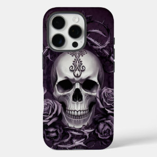 Coques iPhone 16 Pro Crâne gothique avec Roses violets