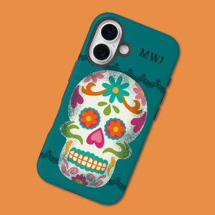 Coques iPhone 16 Crânes de sucre Dia De Los Muertos Monogramme