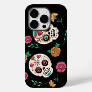 Coque Pour iPhone 14 Pro Crânes de sucre et fleurs du Jour des morts en noi