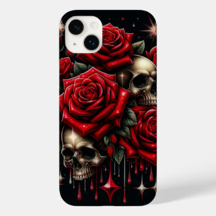 Coque Pour iPhone 14 Plus Crânes dorés et roses rouges scintillent de glamou