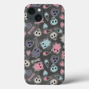 iPhone 13 Coque Crânes, et coeurs sur l'arrière - plan noir