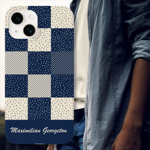 Coque Pour iPhone 14 Crazy Buffalo Check en crème et bleu marine