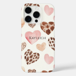 Coques iPhone 16 Pro Crème rose Coeurs léopards Brown