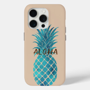 Coque iPhone 15 Pro Crème Turquoise Bleu Tropical Ananas Aloha