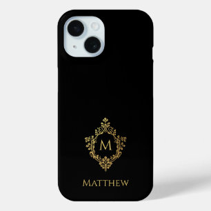 Coque Pour iPhone 15 Crest Black Faux Gold Foil Élégant Monogramme et n