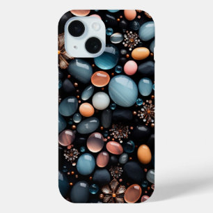 Coque Pour iPhone 15 Cristaux Sombres de Luxe et Fleurs Dorées Esthétiq