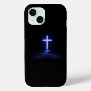 Coque Pour iPhone 15 Croix Bleue Chrétienne dans le Mist