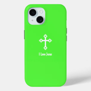 Coque Pour iPhone 15 Croix chrétienne I Love Jesus Lime Green