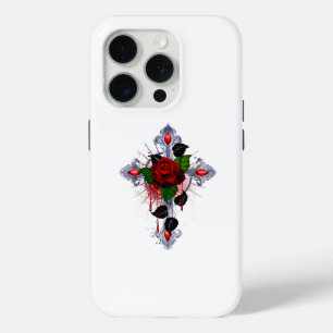 Coque iPhone 15 Pro Croix d'argent avec une rose rouge