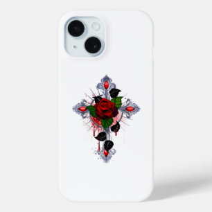 Coque Pour iPhone 15 Croix d'argent avec une rose rouge