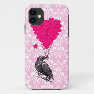 Coque Case-Mate Pour iPhone Crow et coeur sur damas rose