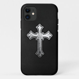Coque iPhone 11 Crucifix métallique sur le cuir noir