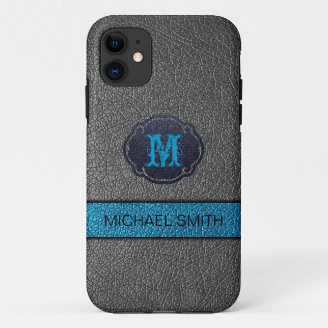 Coques Case-Mate iPhone Cuir bleu turquoise et cuir noir (Dos)