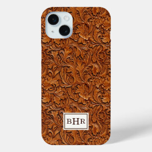Coque iPhone 15 Mini Cuir Brun Outilé Monogrammé