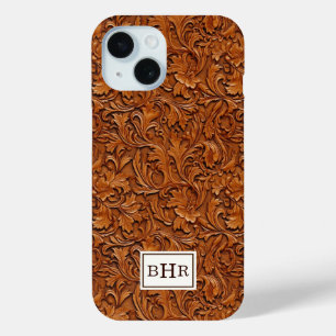 Coque Pour iPhone 15 Cuir Brun Outilé Monogrammé