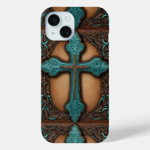 Coque Pour iPhone 15 cuir brun rustique croix de l'ouest