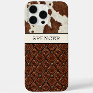 Coques iPhone 16 Pro Max Cuir de vache marron et cuir monogrammé