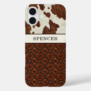 Coques iPhone 16 Plus Cuir de vache marron et cuir monogrammé