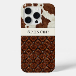 Coque iPhone 15 Pro Cuir de vache marron et cuir monogrammé