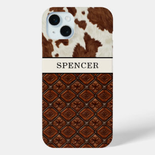 Coque iPhone 15 Mini Cuir de vache marron et cuir monogrammé
