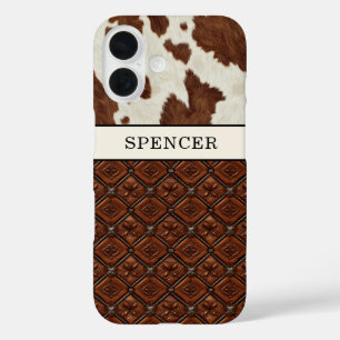 Coques iPhone 16 Cuir de vache marron et cuir monogrammé