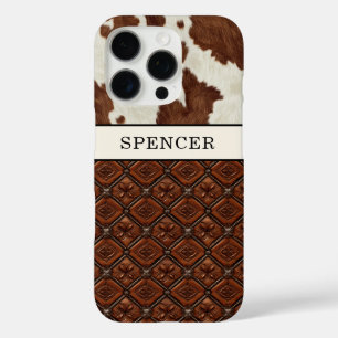 Coques iPhone 16 Pro Cuir de vache marron et cuir monogrammé