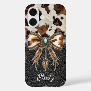 Coques iPhone 16 Cuir de vache noir Bijou à nœud
