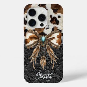 Coque iPhone 15 Pro Cuir de vache noir Bijou Bow