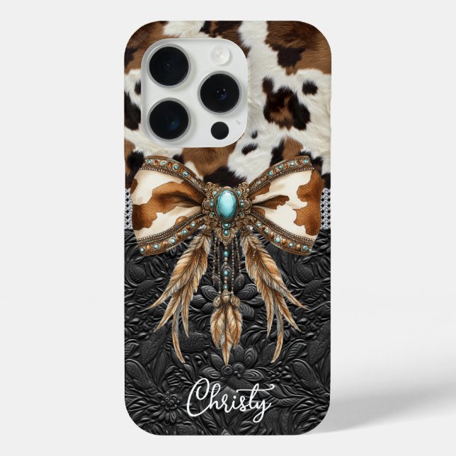 Coques Case-Mate iPhone Cuir de vache noir Bijou Bow (Verso)