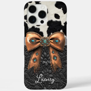 Coques iPhone 16 Pro Max Cuir de vache noir et blanc orné d'un nœud