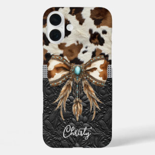 Coques iPhone 16 Plus Cuir de vache noir Jewel Bow