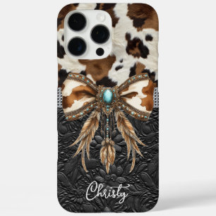 Coques iPhone 16 Pro Max Cuir de vache noir Jewel Bow