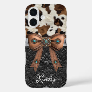 Coques iPhone 16 Cuir de vache noir orné d'un nœud papillon