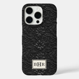 Coques iPhone 16 Pro Cuir Outilé Noir Vintage Monogrammé
