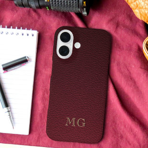 Coques iPhone 16 Cuir synthétique bordeaux et initiales monogrammée