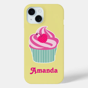 Coque Pour iPhone 15 Cupcake rose personnalisé avec cerise Pointe Polka