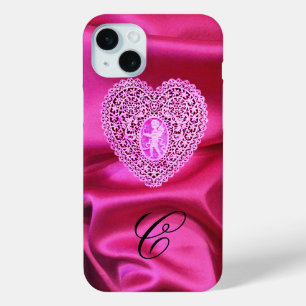 COQUE iPhone 15 MINI CUPID LACE COEUR SOIE ROSE FUCHSIA CLOS MONOGRAMME